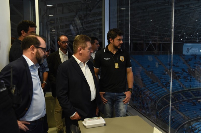 Autoridades conheceram instalações de segurança do estádio e acompanharam ensaio de ações de inteligência