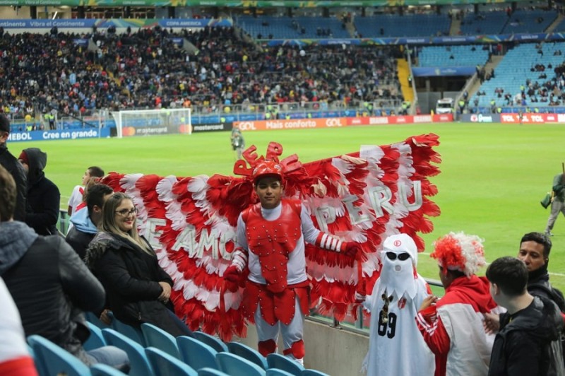 Torcedor peruano veste fantasia que lembra um pássaro durante jogo da Copa América na Arena do Grêmio, contra o Chile.