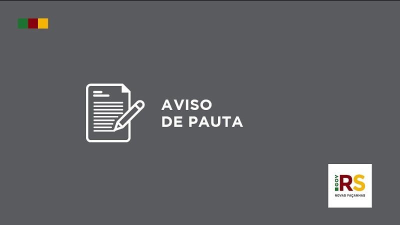 Card em fundo cinza escuro. No canto superior esquerdo, quadrinhos verde, vermelho e amarelo (bandeira RS). Ao centro, ícone de uma folha de papel com um lápis e o texto "Aviso de Pauta". No canto inferior direito, logo do governo.