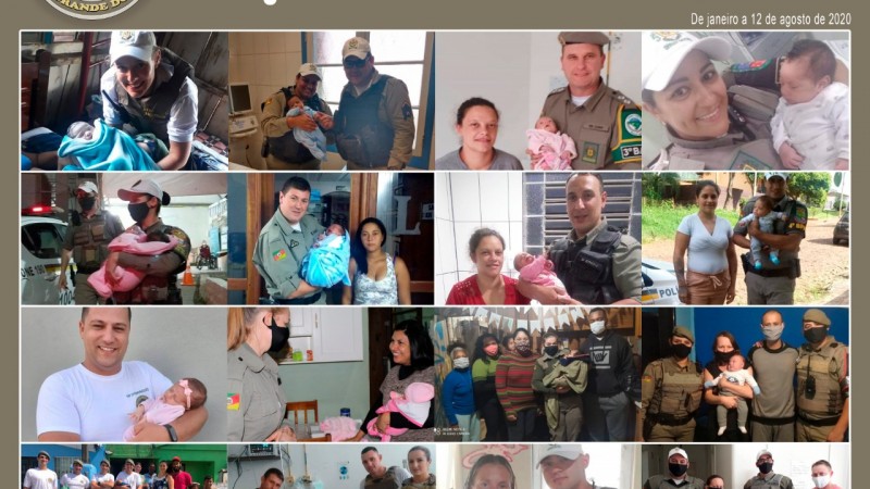 Mosaico de imagens com vários quadros nos quais aparecem policiais militares segurando no colo os bebês que ajudaram a salvar de engasgamento. Em algumas das fotos, os PMs estão acompanhados dos pais das crianças.