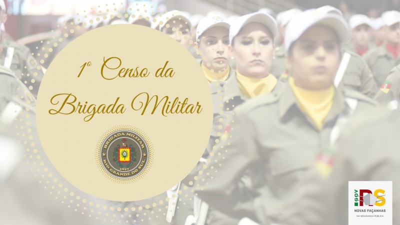 Foto de brigadianas em fila em posição de sentido com um filtro transparente para esmaecer a imagem. Sobre a foto, logo do 1º Censo da Brigada Militar com o brasão da instituição. No canto direito inferior, logo da SSP.