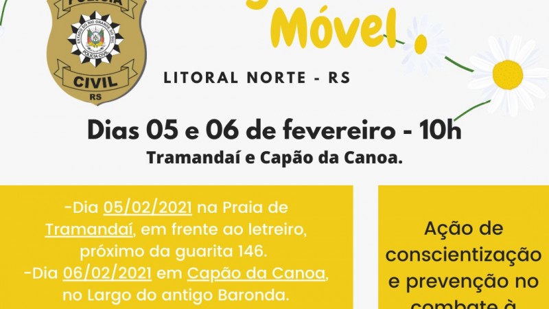 Card informativo sobre ação de conscientização e prevenção no combate à violência doméstica que a Polícia Civil fará nos dias 05 e 06 de fevereiro.