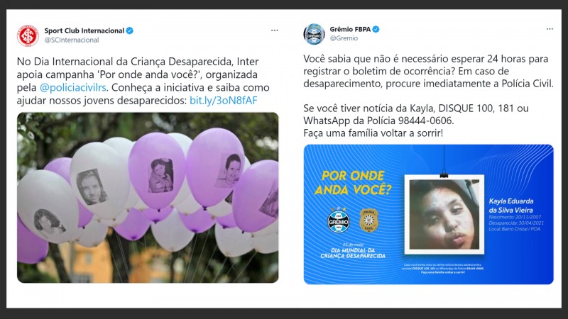 Montagem com duas postagens de Twitter nas contas oficiais de Inter e Grêmio, lado a lado, com informações sobre a campanha da Polícia Civil para localização de jovens desaparecidos.
