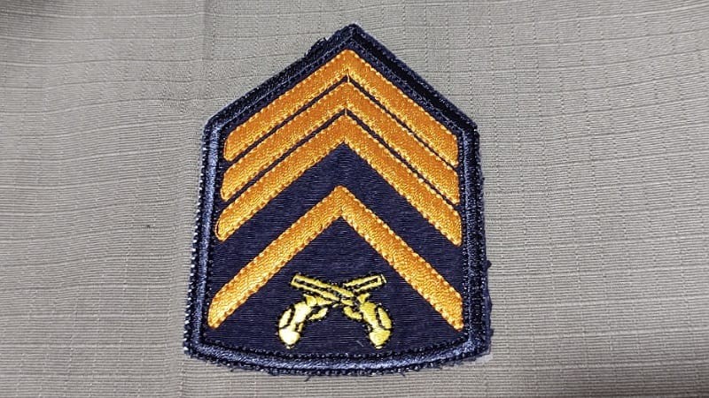 Imagem da insígnia do posto de 2° sargento da BM em uma farda.