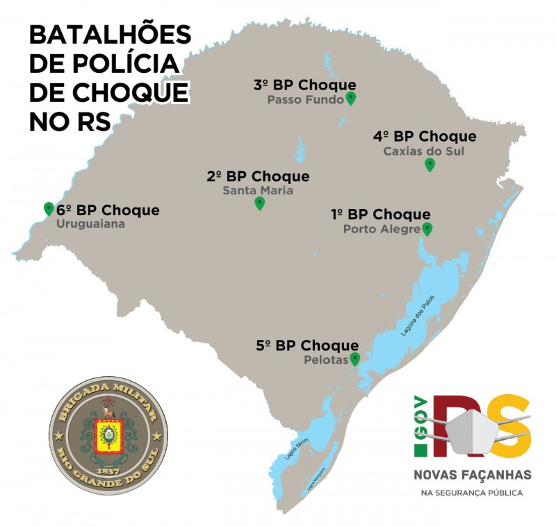 Card ilustrativo com o mapa do RS e a localização dos seis batalhões de choque.