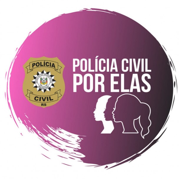 imagem gráfica, com fundo roxo, o logo da polícia civil e o perfil, em desenho, de várias mulheres, pc por elas