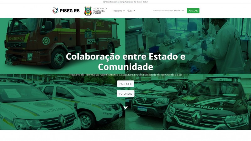 Capa do site do PISEG com fotos de viaturas.