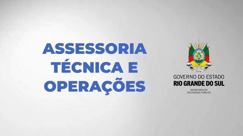 Quadro cinza com texto azul - Assessoria Técnica e Operações. Ao lado, brasão do governo do Estado.