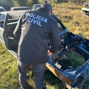 A imagem mostra um agente da Polícia Civil fazendo a análise da carcaça de um automóvel no local da Operação