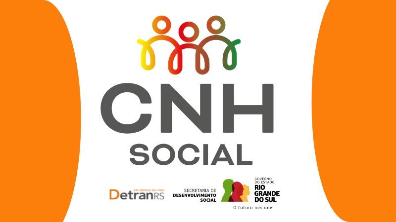 Card colorido com a logomarca do programa CNH Social e logos do DetranRS, Secretaria do Desenvolvimento Social e Governo do Estado do RS 