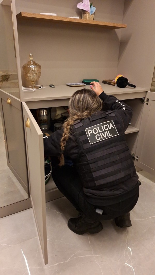 A imagem mostra uma agente da Polícia Civil vasculhando um armário em um dos locais no qual foram executados os mandados de busca e apreensão. A agente está de costas, usa um colete da Polícia Civil e está agachada enquanto faz a busca. É possível ver objetos domésticos no armário, onde ela faz a busca