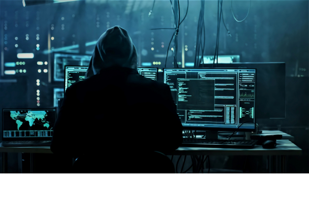 Ilustração mostra um hacker ou cibercriminoso de costas acessando diversos computadores. As cores predominantes são preto e azul. Os contrastes entre as luzes dos caracteres nas telas e a escuridão do ambiente dão o tom dramático da imagem.