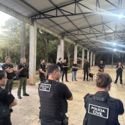 Na imagem, policiais se re&uacute;nem antes da opera&ccedil;&atilde;o